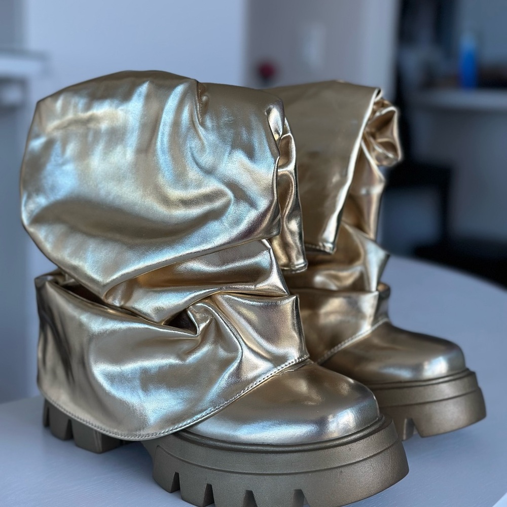 Azalea Wang Gold Metallic Slouchy Moto Boots